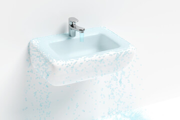 water overflowing in the sink, wash basin isolated on white background. 3d render illustration