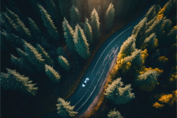 Aerial top view car driving through the forest, Made by AI,Artificial intelligence