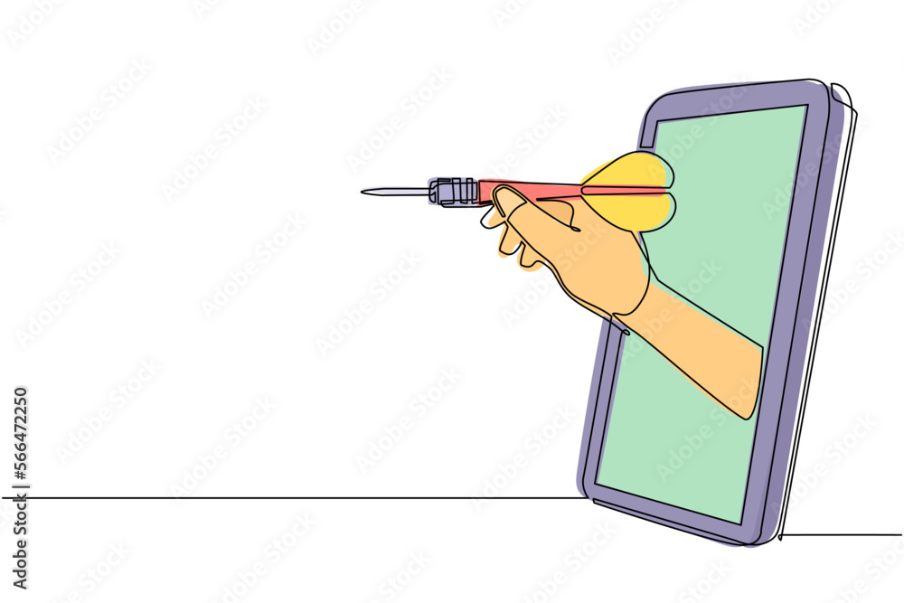 Poster continuous one line drawing player hand holds dart aiming through mobile phone. smartphone with dart