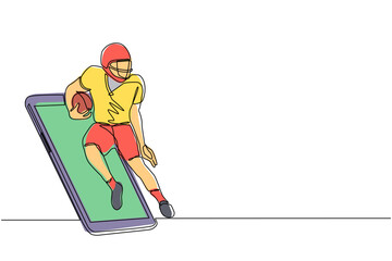 Single continuous line drawing american football player running getting out of smartphone screen. Mobile sports play matches. Online american football game mobile app. One line draw design vector