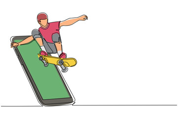 Continuous one line drawing skateboarder man riding skateboard and doing jump trick getting out of smartphone screen. Mobile sport matches. Online skateboard mobile app. Single line draw design vector