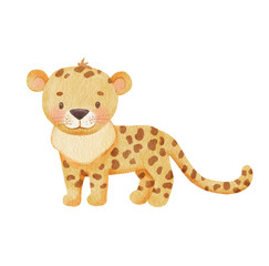 Cute cheetah in cartoon style. Watercolor Drawing african baby wild animal isolated on white background. Jungle safari animal