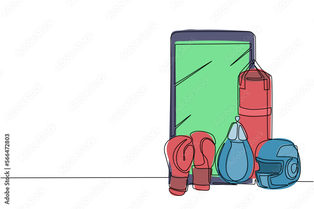 Poster single continuous line drawing boxing helmet and gloves with smartphone. smartphone with boxing app.