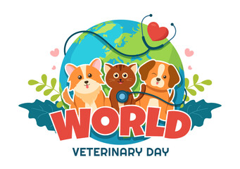 World Veterinary Day on April 29 Illustration with Doctor and Cute Animals Dogs or Cats in Flat Cartoon Hand Drawn for Landing Page Templates