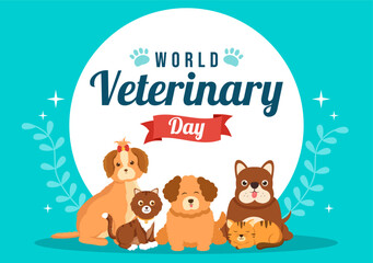 World Veterinary Day on April 29 Illustration with Doctor and Cute Animals Dogs or Cats in Flat Cartoon Hand Drawn for Landing Page Templates