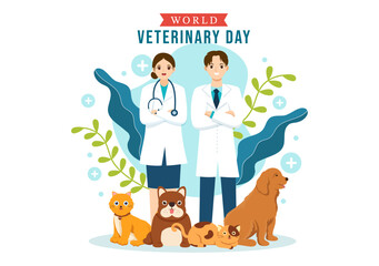 Fototapeta premium World Veterinary Day on April 29 Illustration with Doctor and Cute Animals Dogs or Cats in Flat Cartoon Hand Drawn for Landing Page Templates