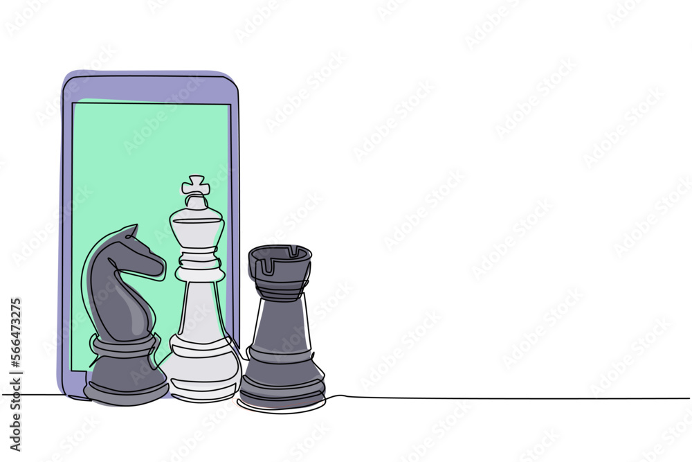 Poster continuous one line drawing smartphone and chess pieces silhouette icon set isolated on white backgr