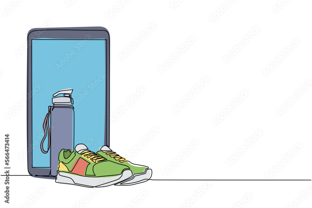 Poster single continuous line drawing running sneaker and mineral bottled water with smartphone. idea of he
