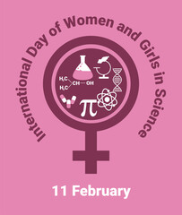 "11 February International Day of Women and Girls in Science" vertical poster with science icons and female icon