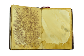 Old book page with hand drawn mystic illustration and symbols for witch magic spell against paper background. Gothic, occult and esoteric concept with copy space. 