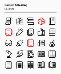 Customizable set of content and literature icons in outline style covering reading and writing elements. Perfect for apps, websites, blogs, libraries, e-readers, stores, businesses, publications, etc