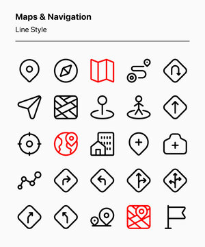 Customizable map and navigation icons in outline style consisting of navigational elements. Perfect for apps, websites, businesses, presentations, ads, marketing, and other projects