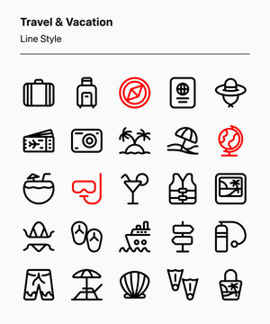 Customizable travel and vacation icon set in outline style consisting of travel, tourism, and beach vacation elements. Perfect for apps, websites, advertisements, marketing, business, agency, etc