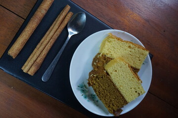 Stock photo of soft and sweet cake and some drinks