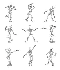 Vector dancing human skeleton silhouettes set in different poses isolated