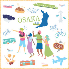 日本の大阪府のグルメ観光を楽しむ旅行客とアイコンセット