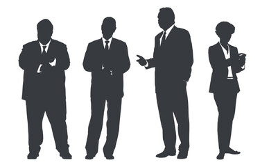 Business people group gray silhouettes pose on white background, flat line vector and illustration.