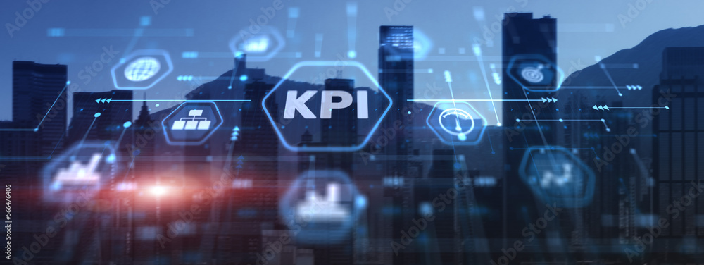 Poster key performance indicator kpi using business intelligence bi on city background