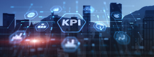 Key Performance Indicator KPI using Business Intelligence BI on city background