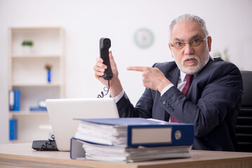 Old male employee talking by phone in the office