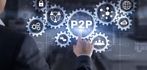 Peer to peer P2P. Magnifying. Financial data business currency concept