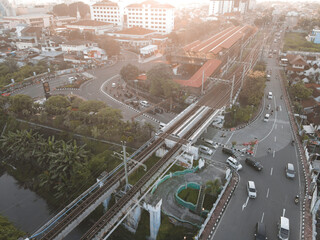 Aerial traffic with in railway bridge in Yogyakarta City. Yogyakarta, Indonesia - January, 2023.