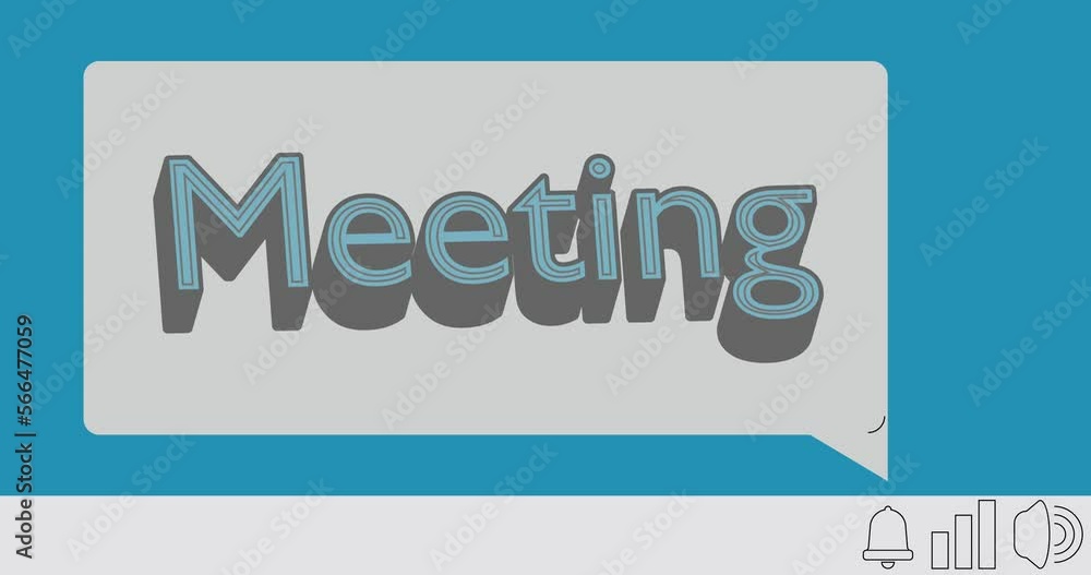 Poster meeting text on notification bubble from portable information device screen. mobile app message, con