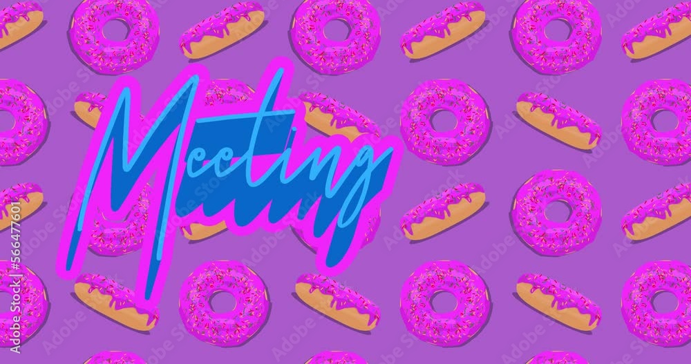 Poster dancing doughnut pattern with meeting text. cartoon animation.
