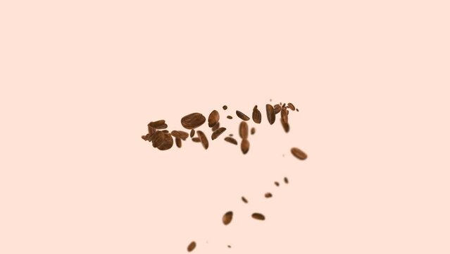 Abstract flying coffee beans on transparent background. High quality of animation footage