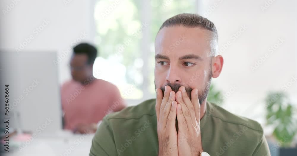 Aufkleber office computer, mistake or businessman nervous over finance problem, stock market crash or investme