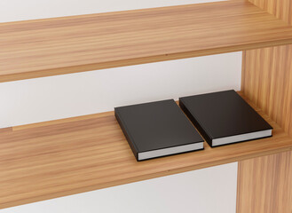 hard cover blank black book on wooden cupboard, 3d rendering, for your mock up design 
