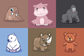 Collection of Cute Wildlife Animals.Cute Animal Icon Set Bear,Rhino,Gorilla,Hippo,Walrus,
