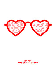 Happy Valentines Day card, red line heart shaped sunglasses