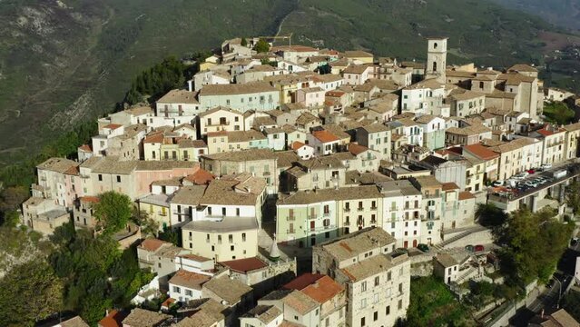 Slow medium orbiting shot of Trivento hilltop old town in Molise region in Italy