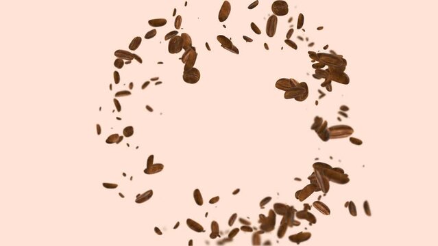 Realistic flying coffee beans on transparent background. 3D abstract animation footage