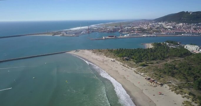 view of the city Viana do Castelo Portugal look from above drone shot aerial birds eye Lima Limia river Atlantic ocean sunny day bridge sideways pan