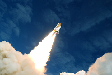 The launch of a spaceship, a rocket into space. Elements of this image furnished by NAS