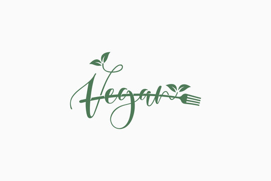 Vegan logo with a combination of vegan lettering, fork and leaves for any business, especially restaurants, cafes, stores, etc.