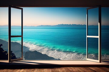 Fototapeta na wymiar Open window and sea view. Generative art