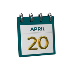 Monthly Calendar 20 April 3D render