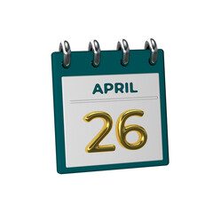 Monthly Calendar 26 April 3D render