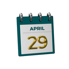 Monthly Calendar 29 April 3D render