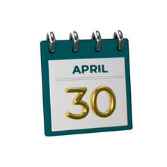Monthly Calendar 30 April 3D render
