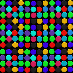 A 3D illustration of an abstract colorful circles seamless pattern on black background
