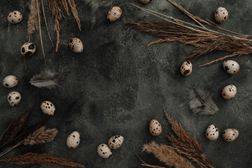 Composition with Easter eggs and feathers on dark. Flat lay, Top view. Easter holiday concept.