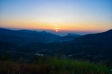 Scenery top view of the mountains in an early morning in Tambon Ban Pae, Chiang Mai, Thailand. December 2022.
