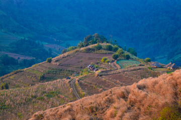 Scenery top view of the mountains in an early morning in Tambon Ban Pae, Chiang Mai, Thailand. December 2022.