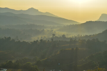 Scenery top view of the mountains in an early morning in Tambon Ban Pae, Chiang Mai, Thailand. December 2022.