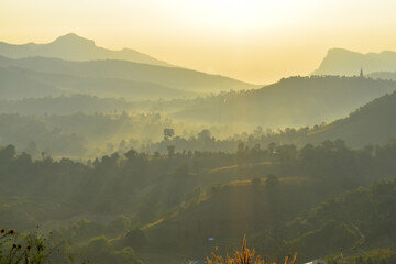 Scenery top view of the mountains in an early morning in Tambon Ban Pae, Chiang Mai, Thailand. December 2022.