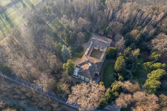 drone aerial view of Sant'Agata museum in Busseto Parma Italy house of italian composer Giuseppe Verdi